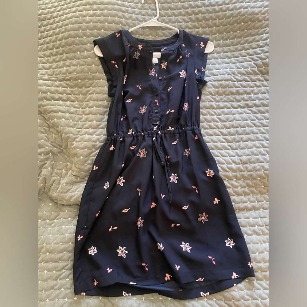 Floral Navy Dress with Button-Front and Tie Waist